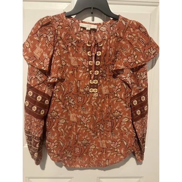 Ann Taylor Tops - Loft Top‎ Ruffle Shoulder Boho Burnt Orange Terracotta Floral Tie Neck Blouse SM